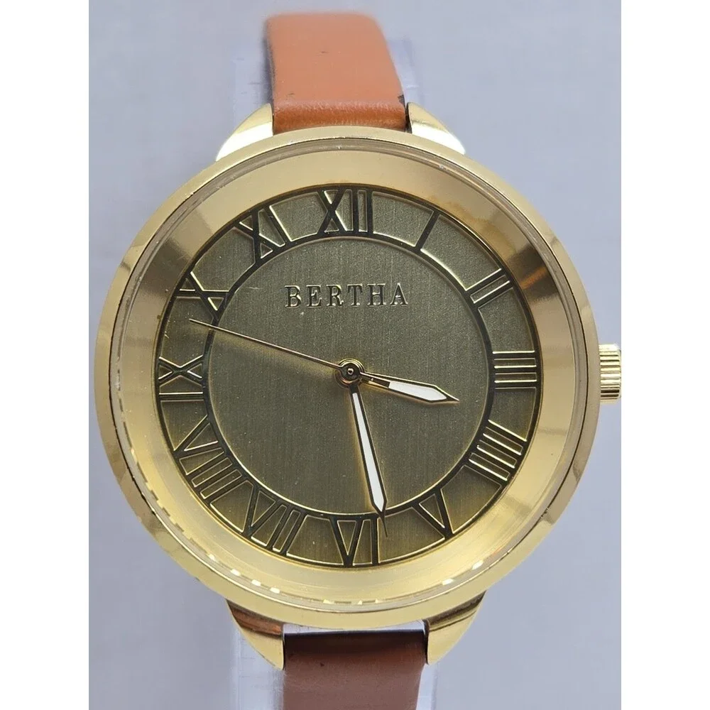 Bertha Madison Womens Gold Tone 36mm Watch Leather Classic Dress New Battery